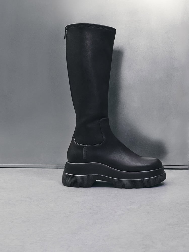 Black Leoi Chunky Knee-High Boots - CHARLES & KEITH