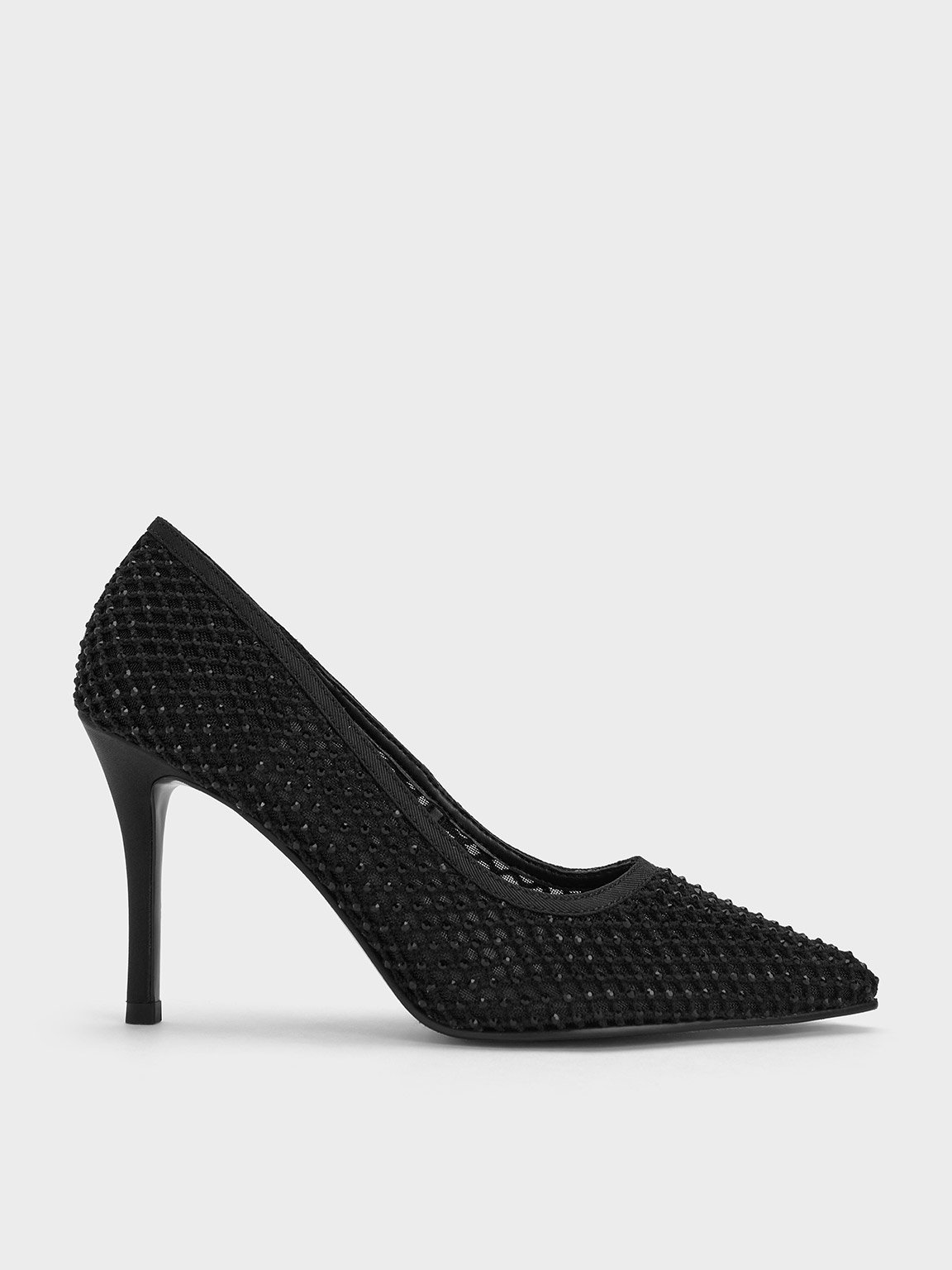 Black Textured Mesh Crystal-Embellished Pointed-Toe Pumps - Black ...